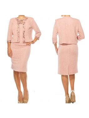 Maya Brooke Two Piece Dress Suit Women 8 Rose Gold Textured Sheath Sequins Lace